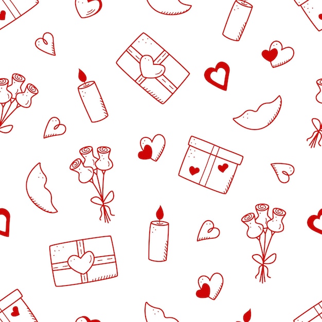 Seamless pattern icons concept of Valentine s day. Vector doodle romantic accessories candles hearts glasses of wine, flower gift lips.