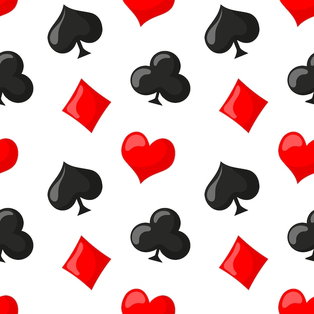 Seamless pattern, icons of suits of clubs, hearts, diamonds and spades on a white background. Casino