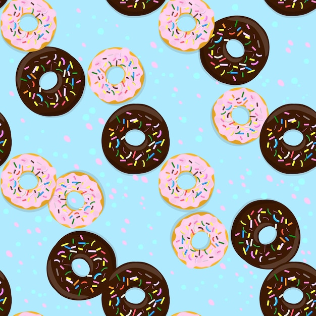 Seamless pattern illustration of donuts in chocolate and pink glaze on a blue