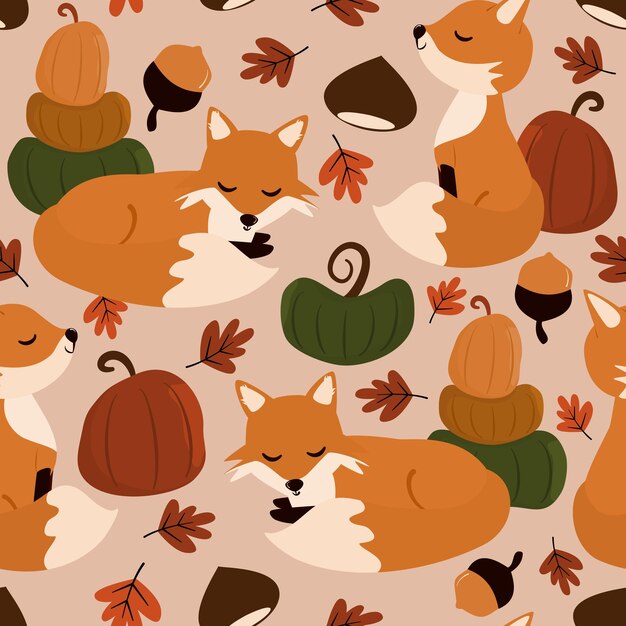 seamless pattern illustration with cartoon character fox pumpkins, leaves, acorns and chestnuts