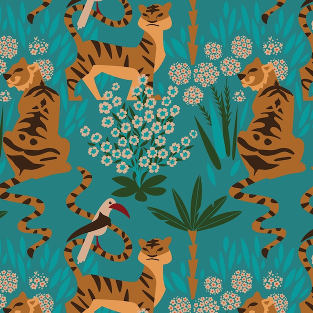 Seamless pattern of Indian tigers in the blooming flowers in the woods