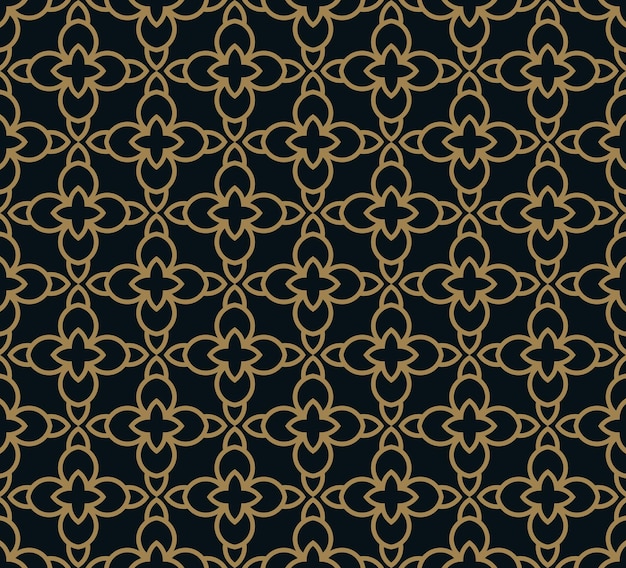 Seamless pattern of intersecting thin gold lines on black background Abstract seamless ornament