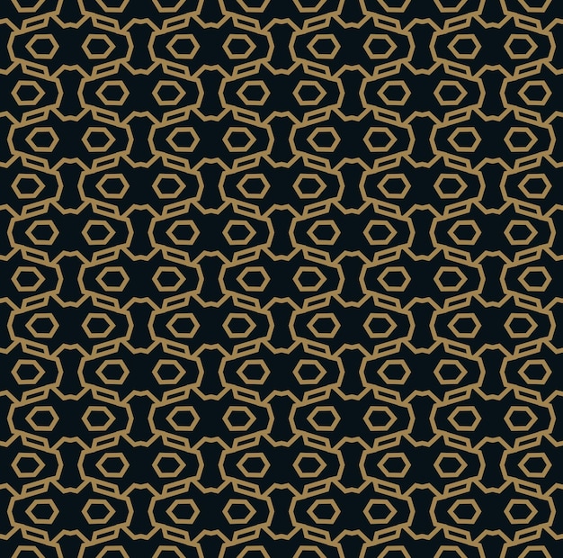 Seamless pattern of intersecting thin gold lines on black background Abstract seamless ornament