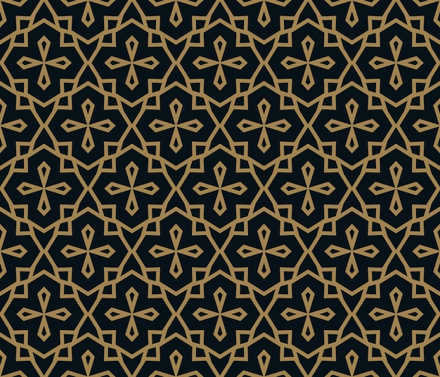 Seamless pattern of intersecting thin gold lines on black background Abstract seamless ornament