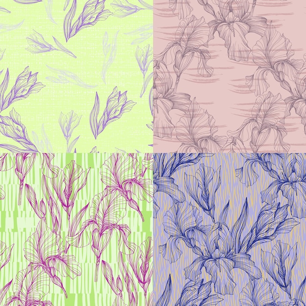 Seamless pattern of iris flowers Beautiful romantic flowers Cottage core aesthetic floral print for fabric scrapbook wrapping card making