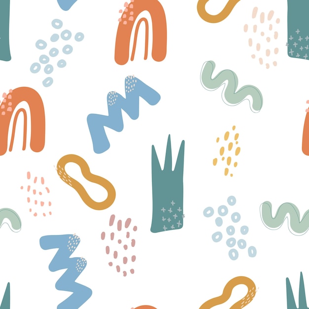 The seamless pattern is modern abstract with natural colorful shapes and blots in art nouveau