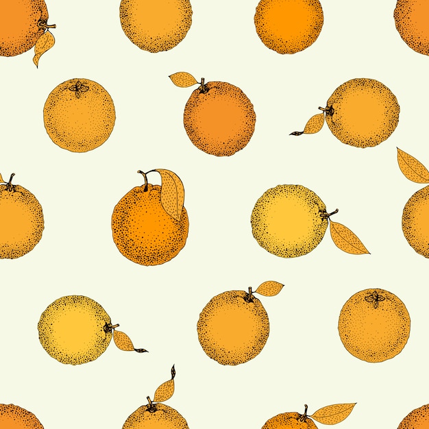 Seamless pattern of isolated hand drawn oranges and slices in sketch style.