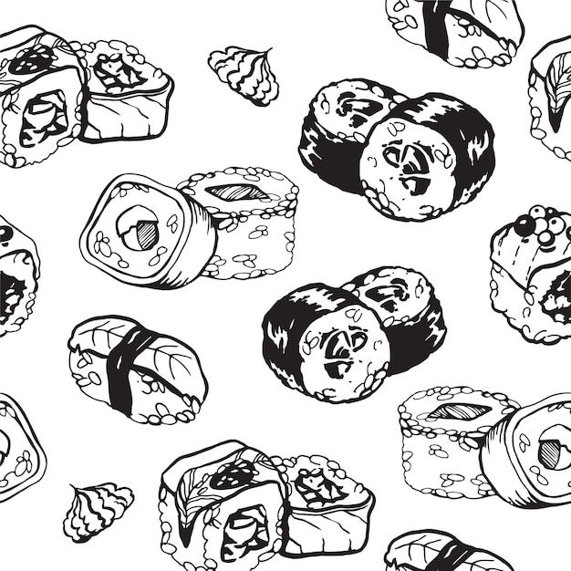 Seamless pattern of japanese food roll rice fish hand draw line art vector illustration sketch