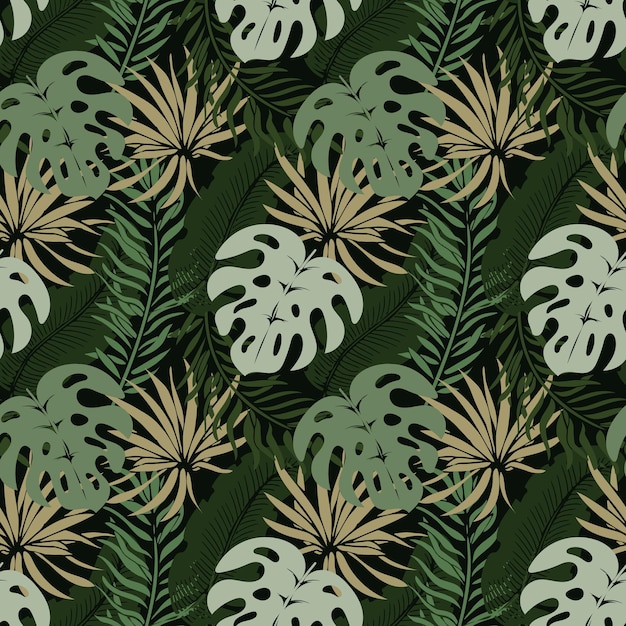 Seamless pattern, jungle, colorful tropical leaves on a dark background. Print, background, textile,