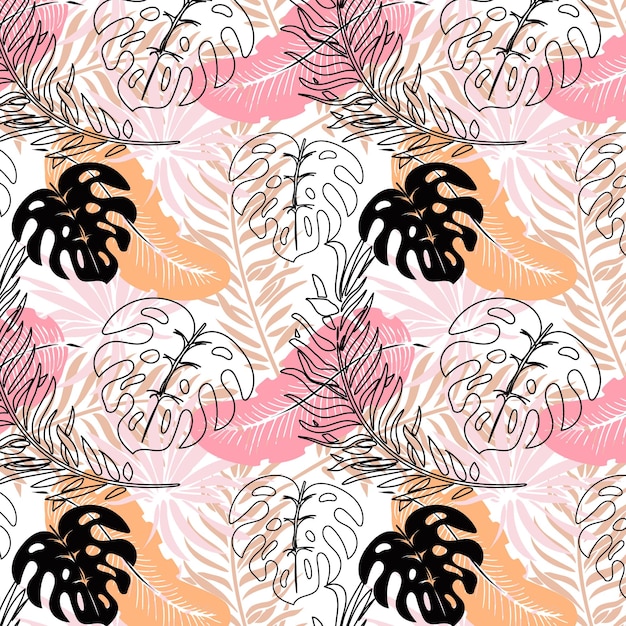 Seamless pattern, jungle, colorful tropical leaves on a white background. Print, background, textile