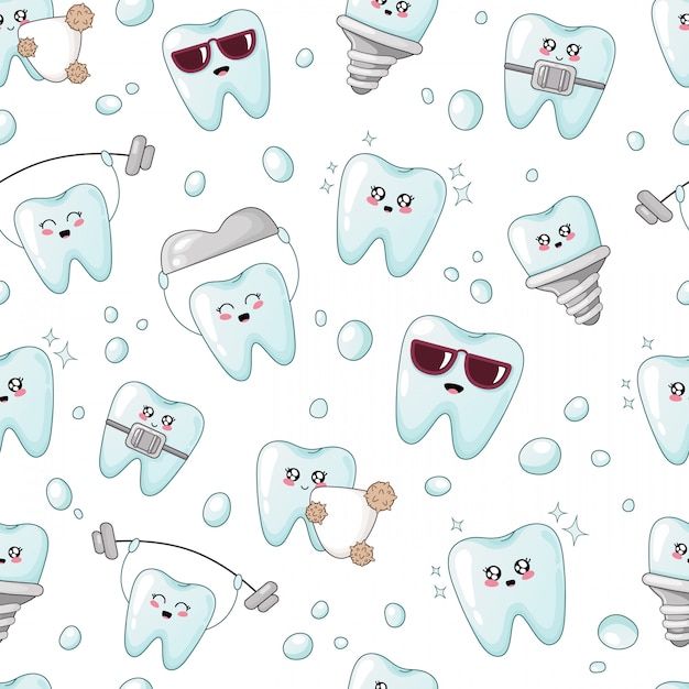 Seamless pattern - kawaii cartoon tooth, implant, crown