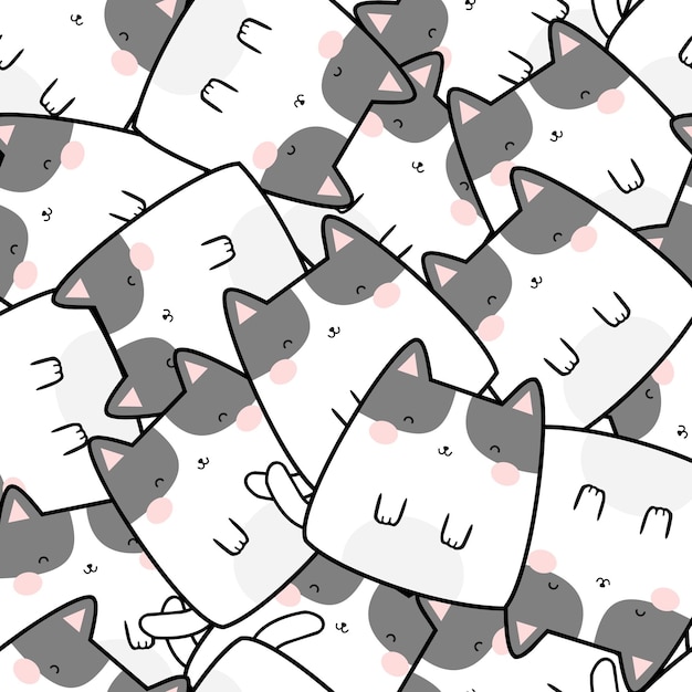 Seamless Pattern Kawaii Cute Cats Cartoon Animals Background Vector Illustration