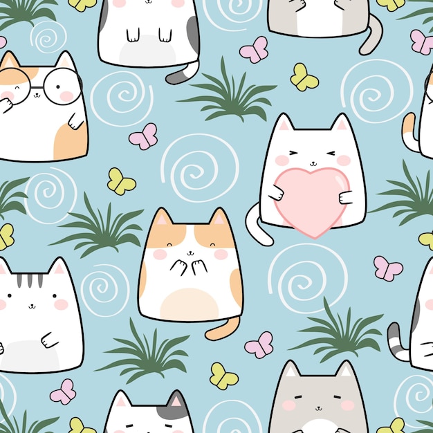 Seamless Pattern Kawaii Cute Cats Cartoon Animals Background Vector Illustration