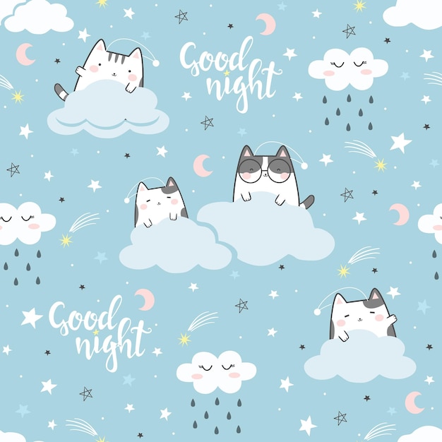 Seamless Pattern Kawaii Cute Cats Sleeping Cartoon Animals Background Vector Illustration Good Ni