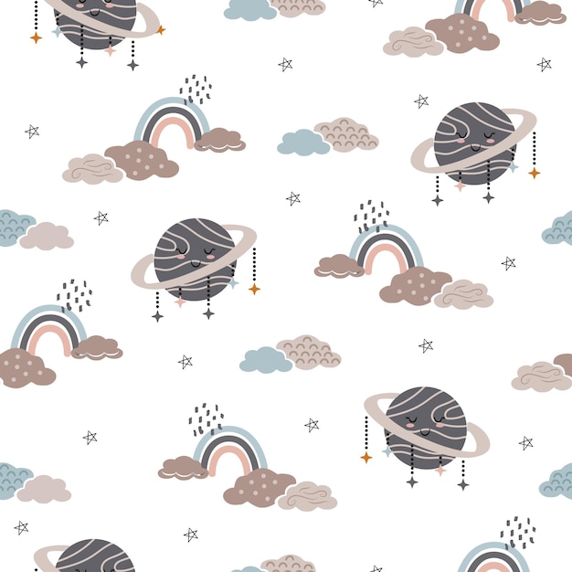 Seamless Pattern Kawaii Planet with Rainbow Clouds and Stars Design for wallpaper wrapping prin