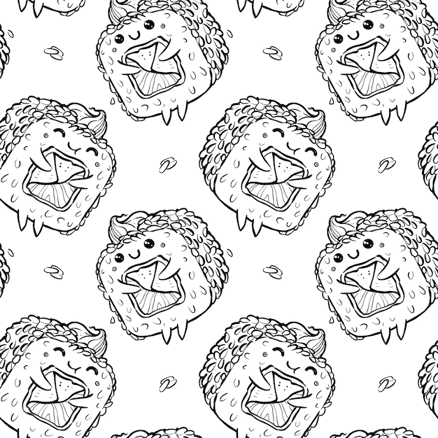 Seamless Pattern of kawaii rolls and sushi in manga style, sprinkled with sesame seeds