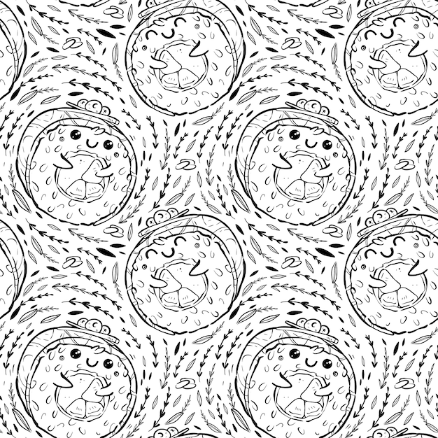 Seamless Pattern of kawaii rolls and sushi in manga style. Tasty and cute japanese food