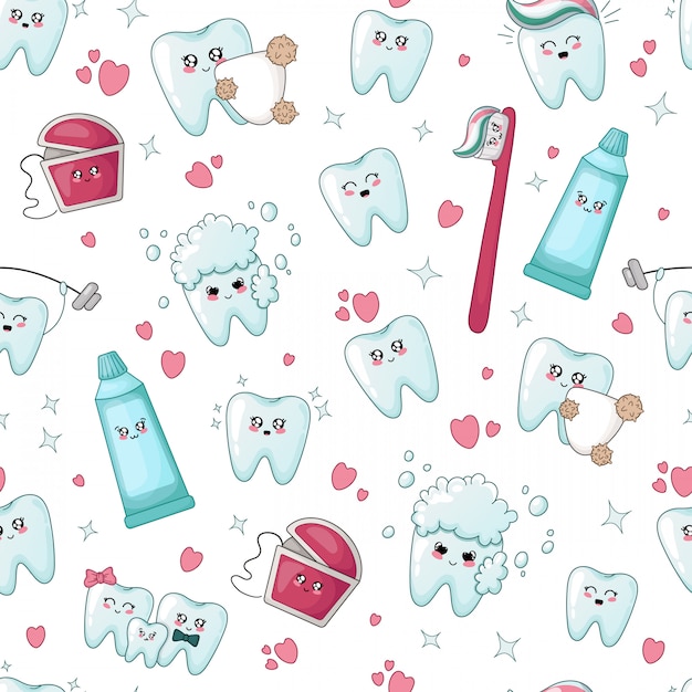 Seamless pattern kawaii tooth, dental floss, toothpaste, toothbrush