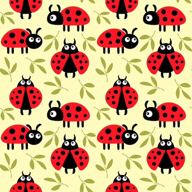 Seamless pattern for kids cute funny ladybugs leaves on a gentle yellow background