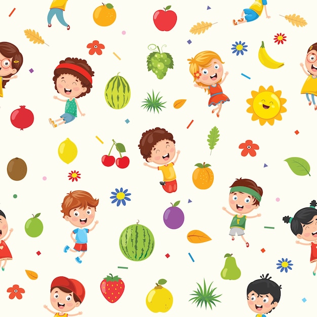 Seamless Pattern Of Kids And Nature Elements