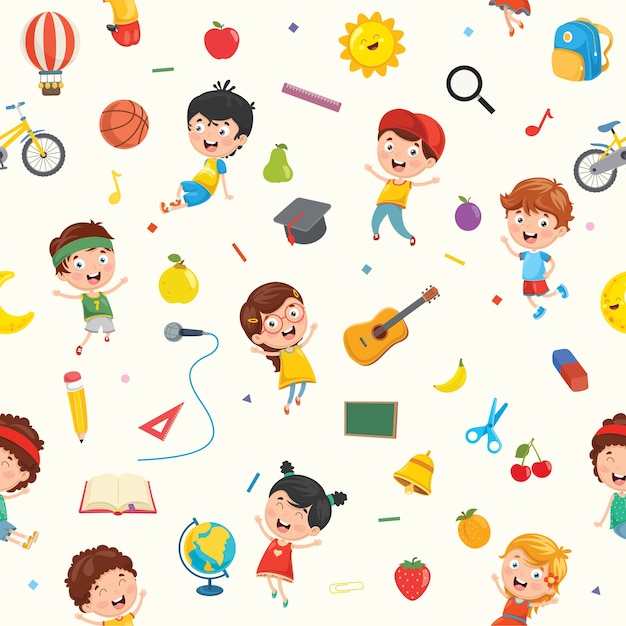 Seamless Pattern Of Kids And Objects