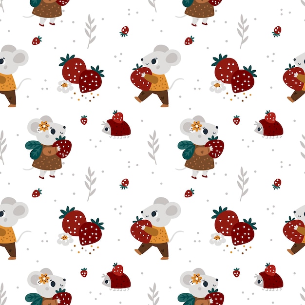 Seamless pattern for kids with cute mouse fruits Festive pattern with baby animals