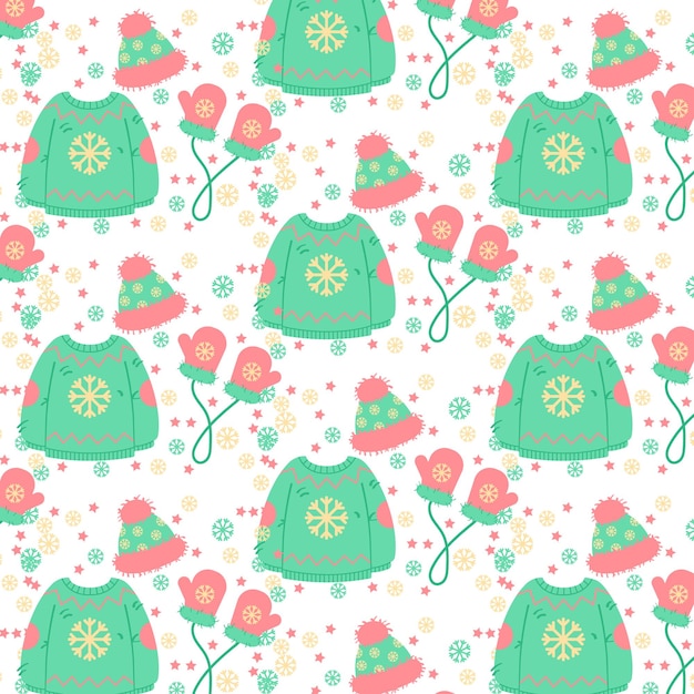 Seamless pattern, knitted sweater, hat, mittens and socks. Print, textile, vector