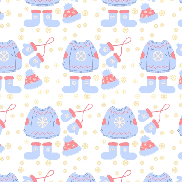 Seamless pattern, knitted sweater, hat, mittens and socks. Print, textile, vector