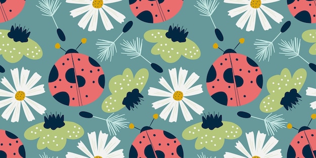 Seamless pattern ladybird and chamomile in scandinavian style. Nordic spring for kids textile. Summer floral scandinavian nursery print design. Ladybug with chamomile and dandelion flowers.