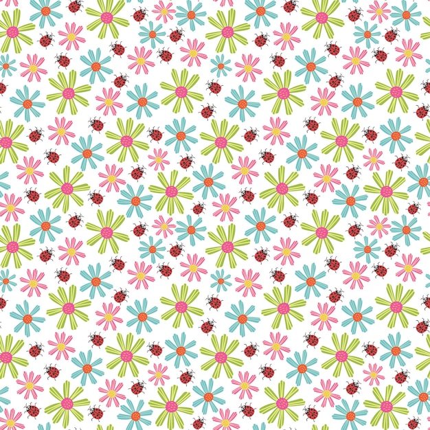 Seamless pattern ladybug flowers