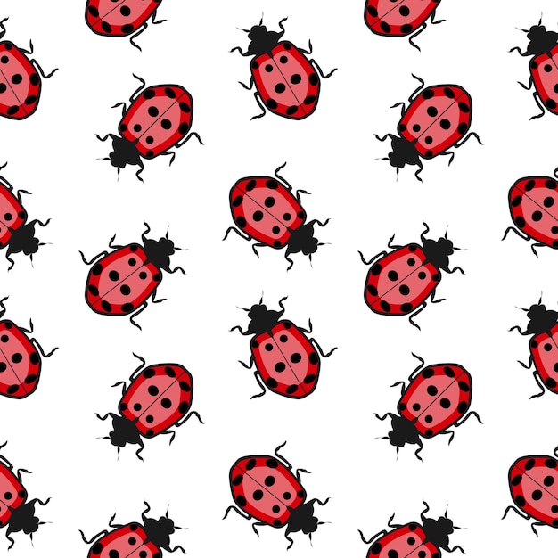 Seamless pattern, ladybugs on a white background. Insect background, textile, print, vector