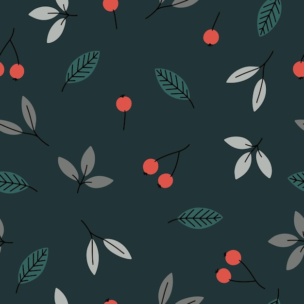 Seamless pattern of leaves and brightly colored berries