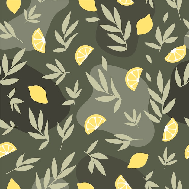 Seamless pattern of leaves and lemons on military background An unusual pattern