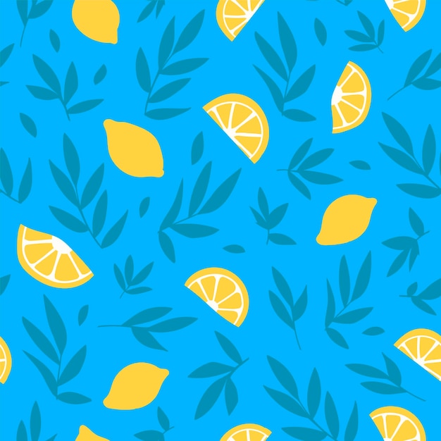 Seamless pattern of leaves and lemons Vector simple illustration for fabric or wrapping paper