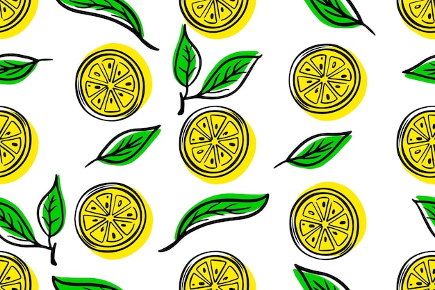 Seamless pattern lemons background citrus with green leaves