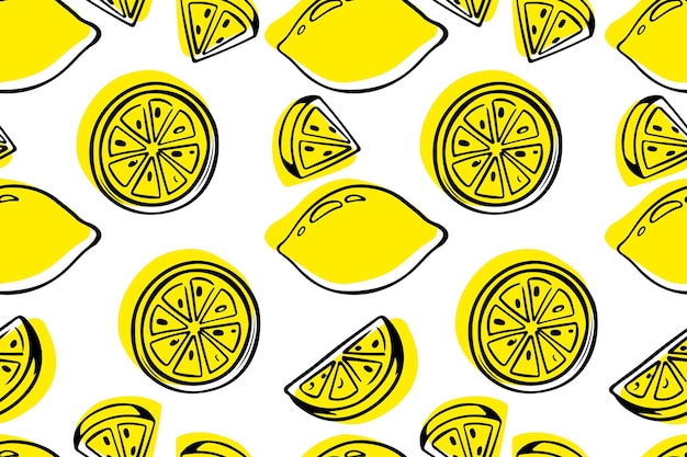 Seamless pattern lemons background Ripe whole fruits piece of fruits Vector food illustration