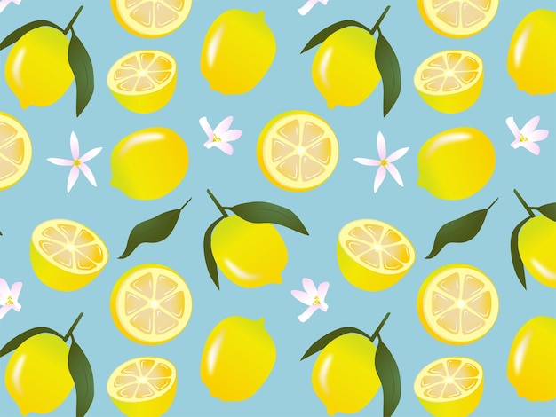 Seamless pattern of lemons flower and leaves on blue background