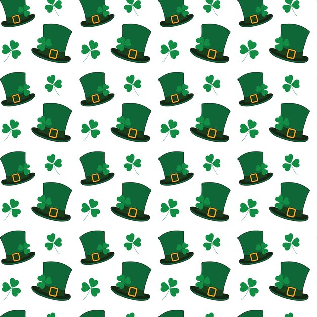 Vector seamless pattern of leprechaun hats and shamrocks in trendy green st patricks backdrop concept