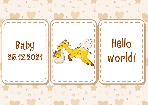 Seamless pattern and lettering. A postcard for a newborn. Funny flying giraffe. Hello Baby. Congratulations on the birth of a child. Birth certificate. Hello world.