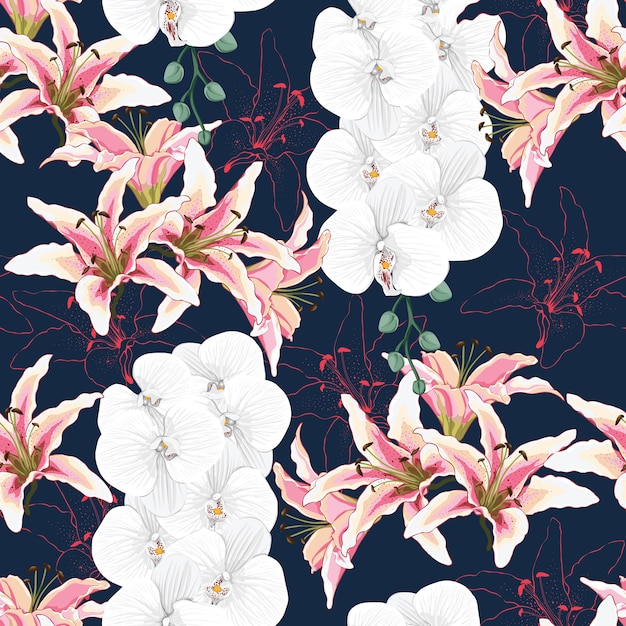 Seamless pattern Lilly and Orchid flowers