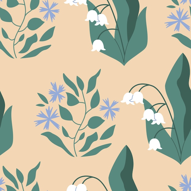 Seamless pattern Lily of the valley on an isolated background Vector flat illustration of summer flowerxASpringtime floral print for textile decor wallpaper