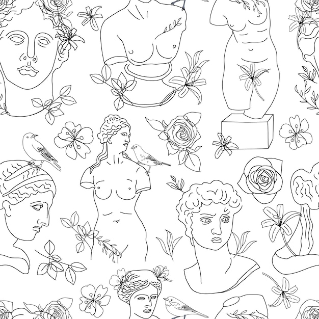 Seamless pattern of line ancient statue with flowers isolated on white background collage of contemp