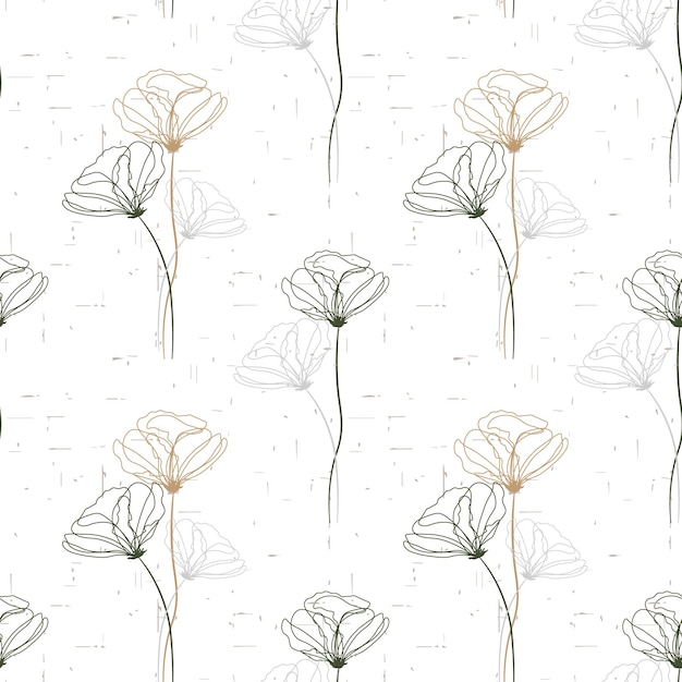 Seamless pattern, line art of contour flowers on a vintage old shabby background. Background, textil