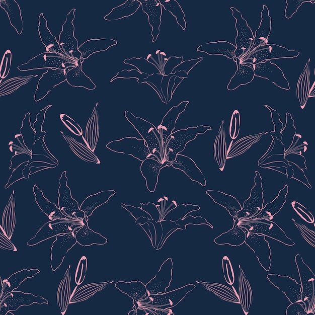 Seamless pattern line art pink lilly flowers on dark blue background.