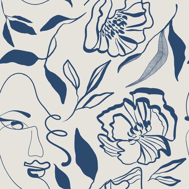 Vector seamless pattern line drawing of women with different faces and floral flowers