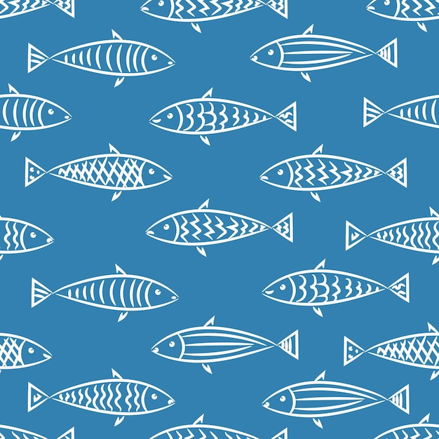 Vector seamless pattern line drawn fish graphic drawing marine background