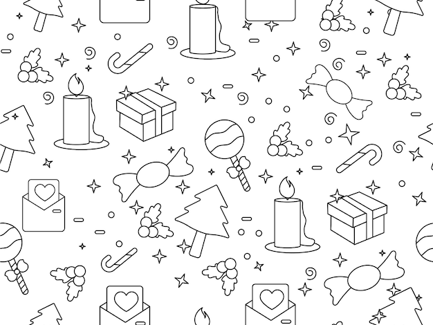 Seamless Pattern Of Linear Style Christmas Elements On White Background.