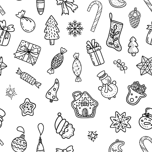 Seamless pattern of linear Xmas icons on white background