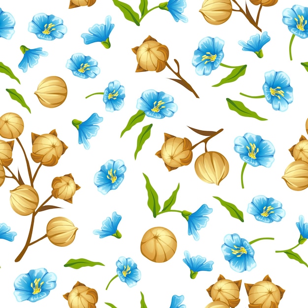 Seamless Pattern linseed oil, flax field, seeds, flowers