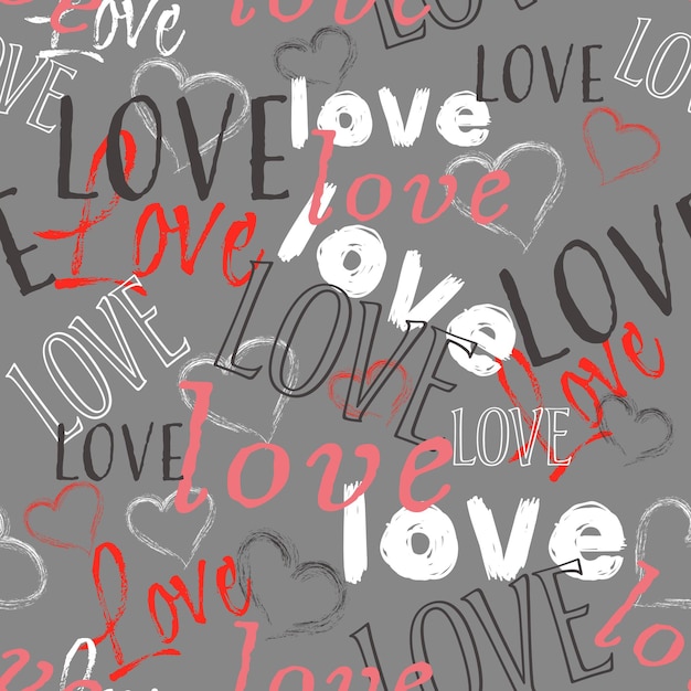 Seamless pattern Love lettering for textile wrapping paper wallpaper Grey background with hearts